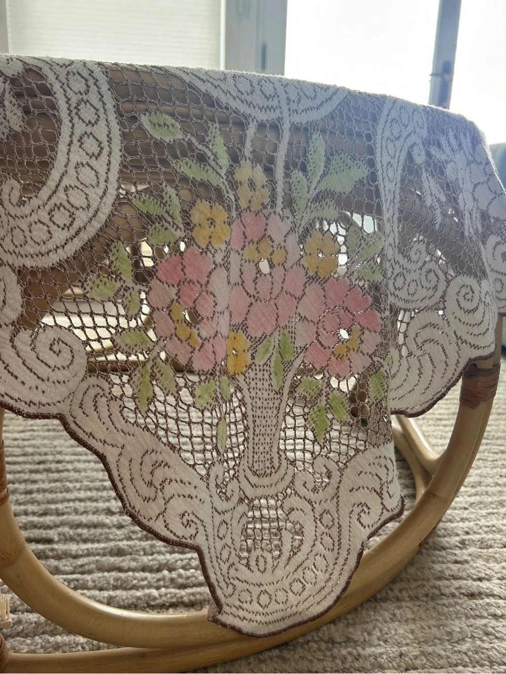 Beautiful French Vtg Lace Embroider Crochet Square Doily Floral Doily Tablecloth